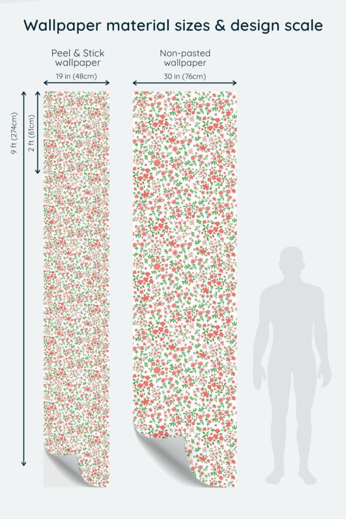 Size comparison of Cottage core Peel & Stick and Non-pasted wallpapers with design scale relative to human figure