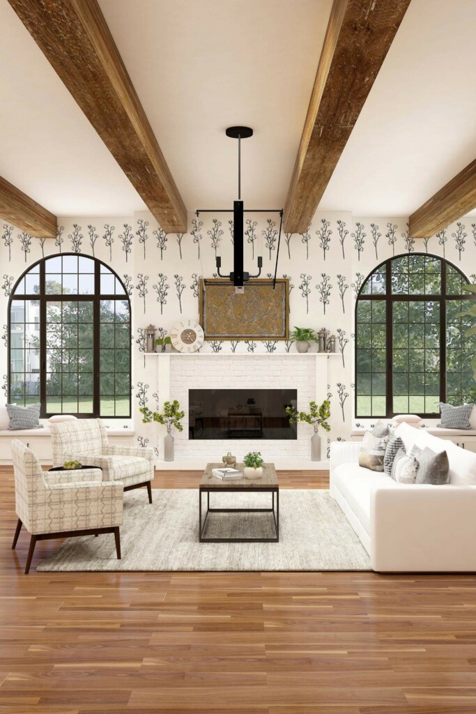 Light farmhouse style living room decorated with Cotton pattern peel and stick wallpaper