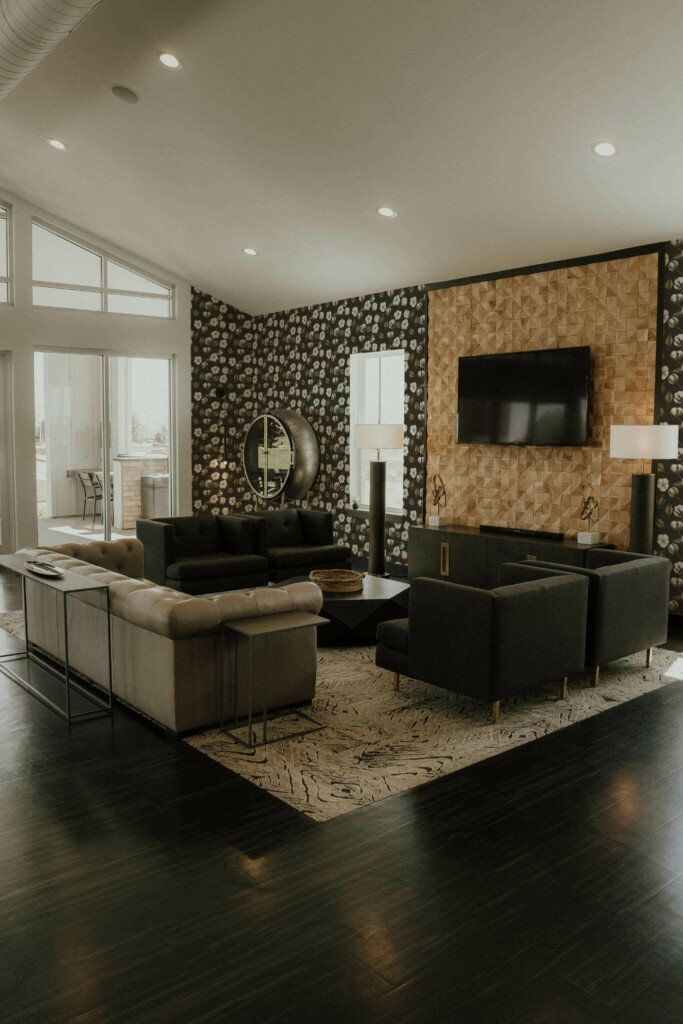 Hollywood glam style living room decorated with Cotton peel and stick wallpaper