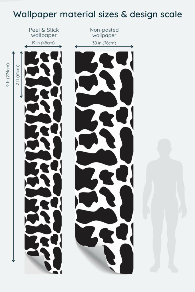 Size comparison of Cow animal print Peel & Stick and Non-pasted wallpapers with design scale relative to human figure