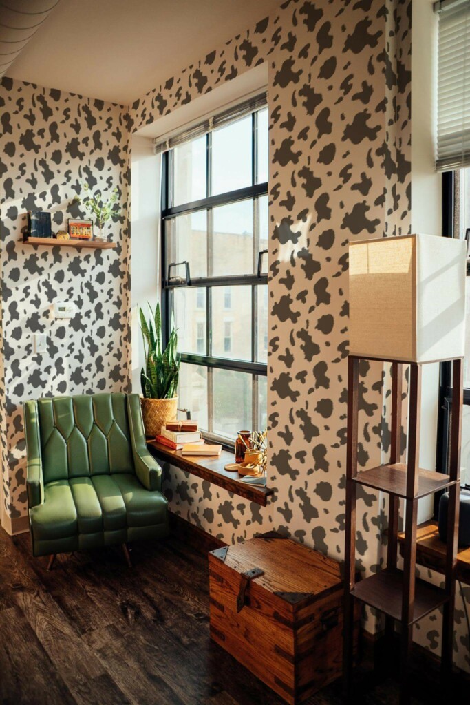 Mid-century style living room decorated with Cow print peel and stick wallpaper