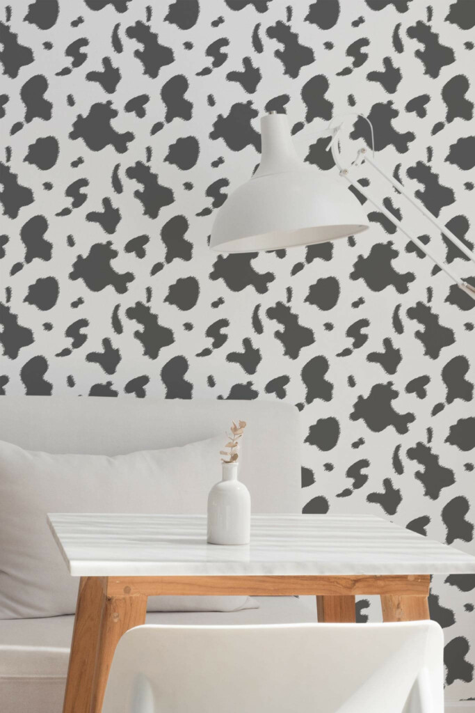 Minimal style dining room decorated with Cow print peel and stick wallpaper