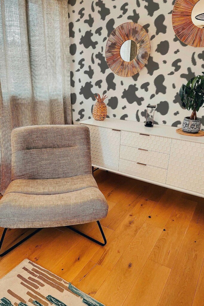 Modern style living room decorated with Cow print peel and stick wallpaper