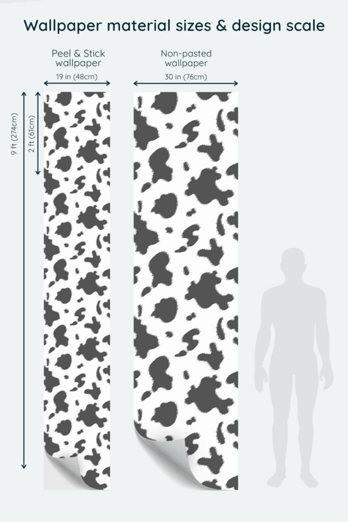 Size comparison of Cow print Peel & Stick and Non-pasted wallpapers with design scale relative to human figure
