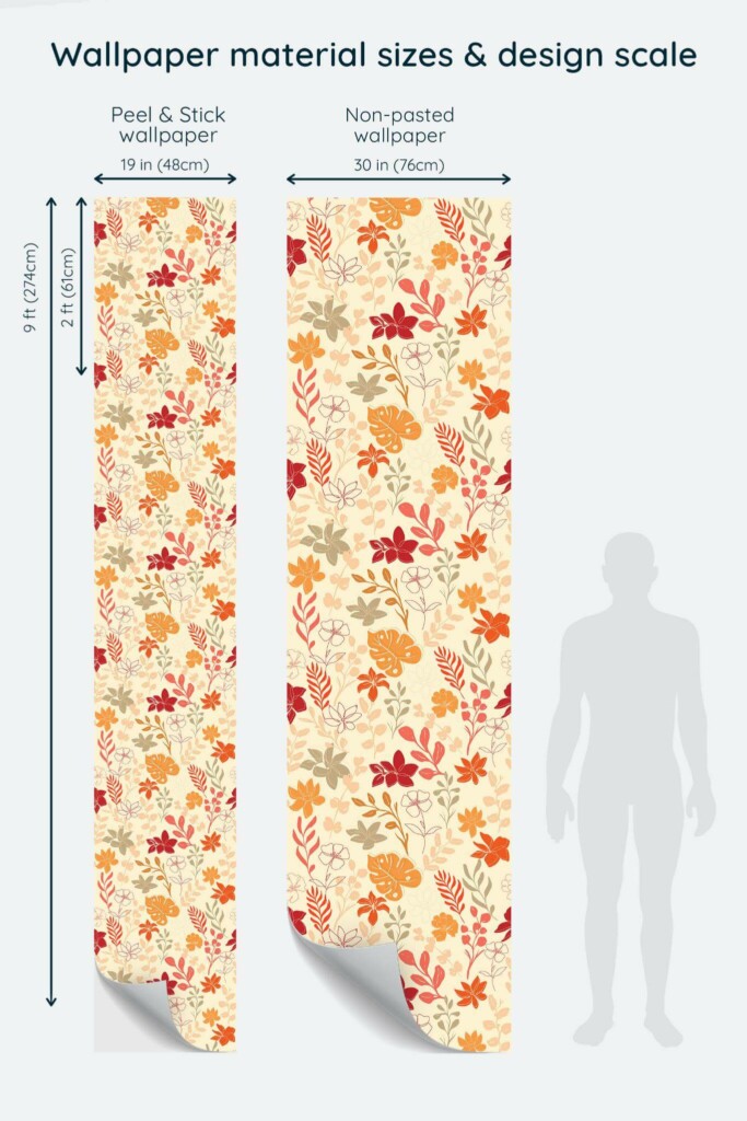 Size comparison of Cozy autumn Peel & Stick and Non-pasted wallpapers with design scale relative to human figure
