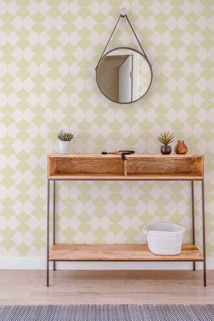 Minimalist powder room with wooden vanity and round mirror, complemented by Cozy Coffee Shop Classic wallpaper on the background wall. The geometric tile layout adds structured calm, ideal for Scandinavian, eclectic, or café-inspired interiors.