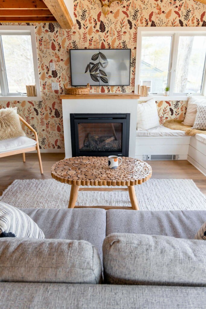 Farmhouse boho style living room decorated with Cozy peel and stick wallpaper