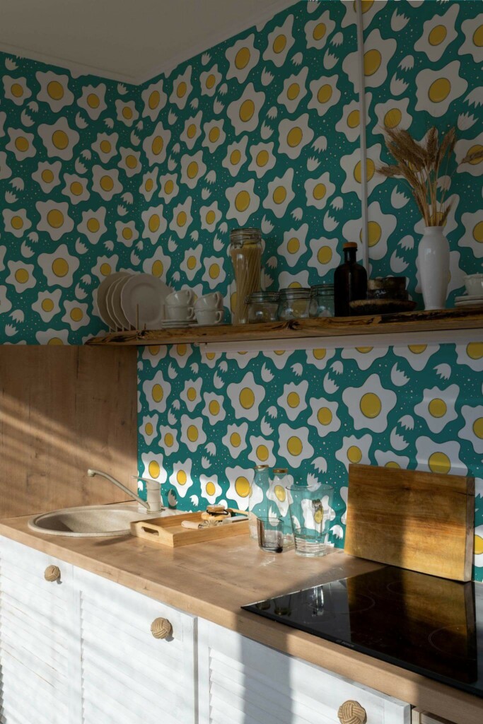 Minimal bohemian style kitchen decorated with Cracked eggs peel and stick wallpaper