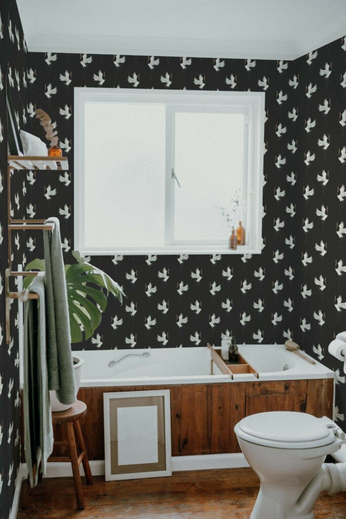 Boho farmhouse style bathroom decorated with Crane bird peel and stick wallpaper
