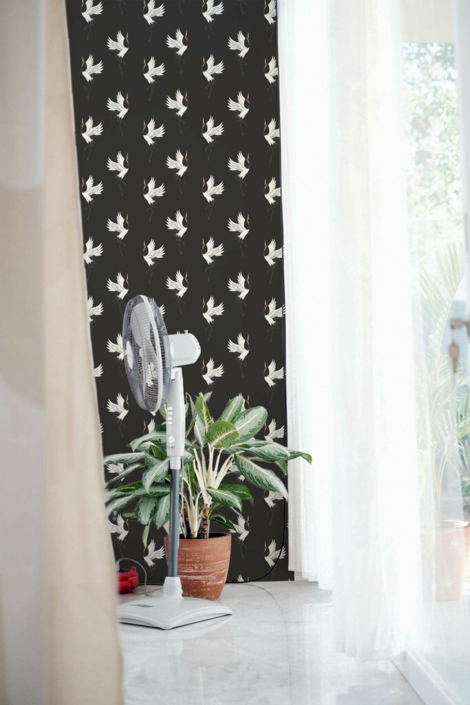 Minimal style living room decorated with Crane bird peel and stick wallpaper