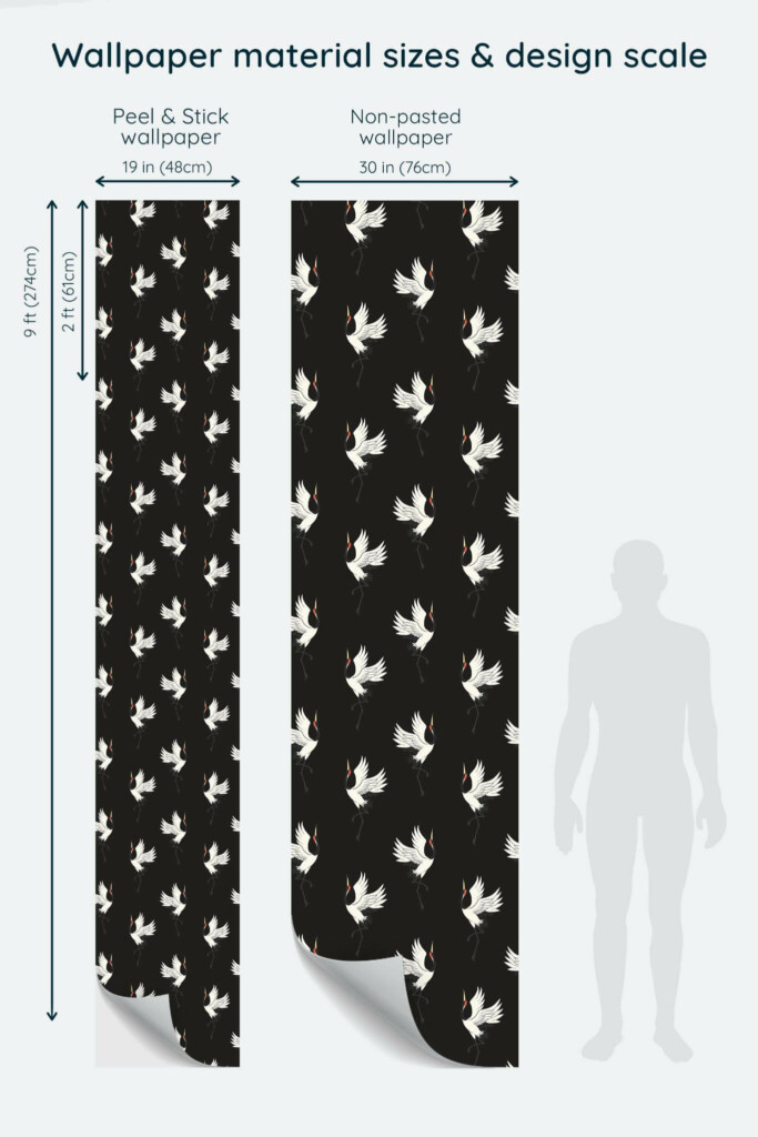 Size comparison of Crane bird Peel & Stick and Non-pasted wallpapers with design scale relative to human figure
