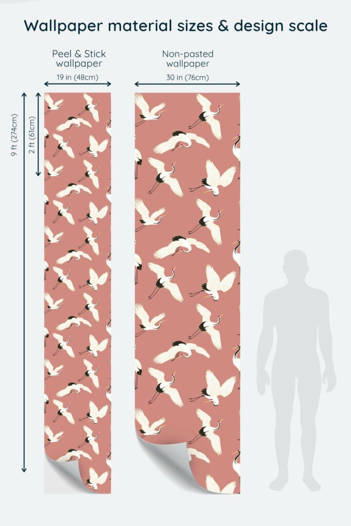 Size comparison of Crane pink Peel & Stick and Non-pasted wallpapers with design scale relative to human figure