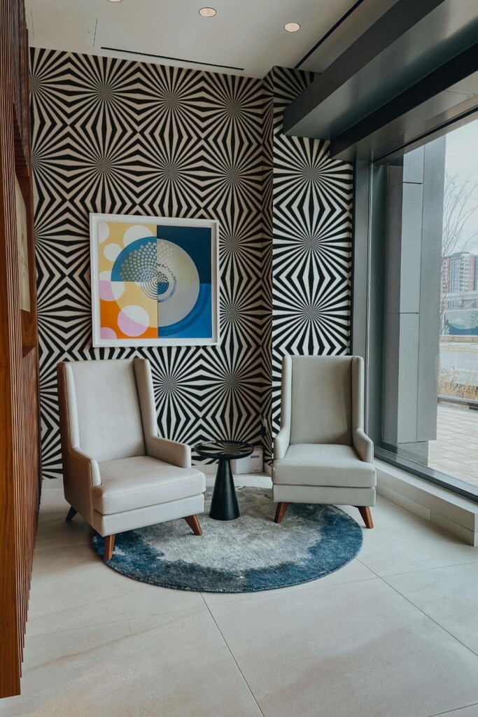 Mid-century-modern style living room decorated with Crazy lines peel and stick wallpaper