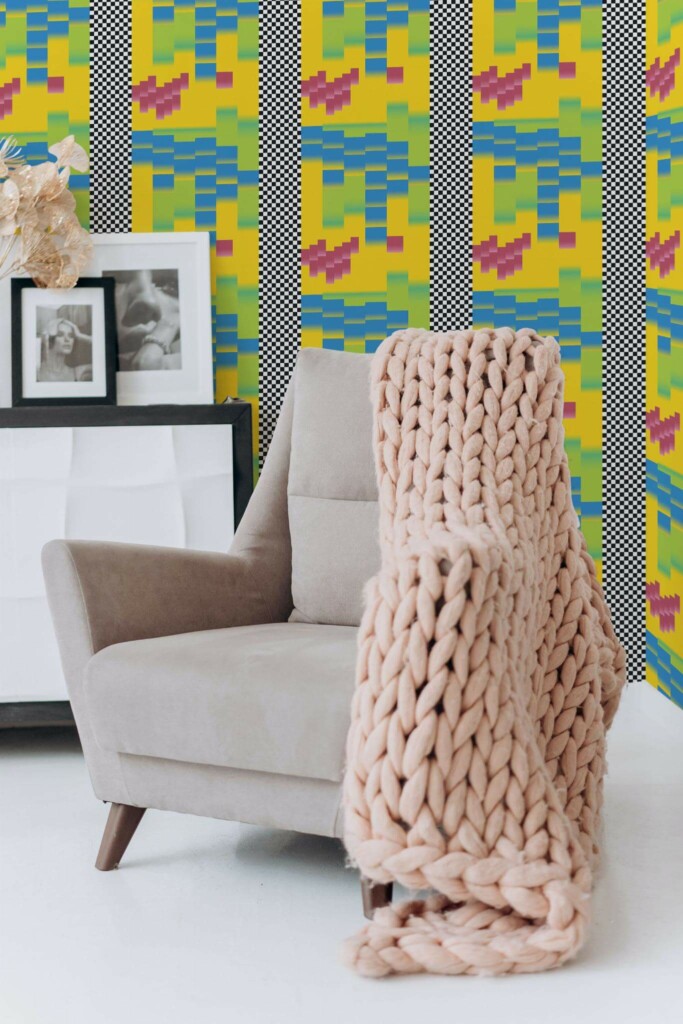 Boho style living room decorated with Crazy pixels peel and stick wallpaper