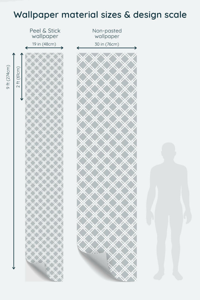 Size comparison of Criss cross Peel & Stick and Non-pasted wallpapers with design scale relative to human figure