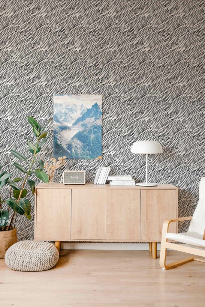 Scandinavian style living room decorated with Crossed out peel and stick wallpaper