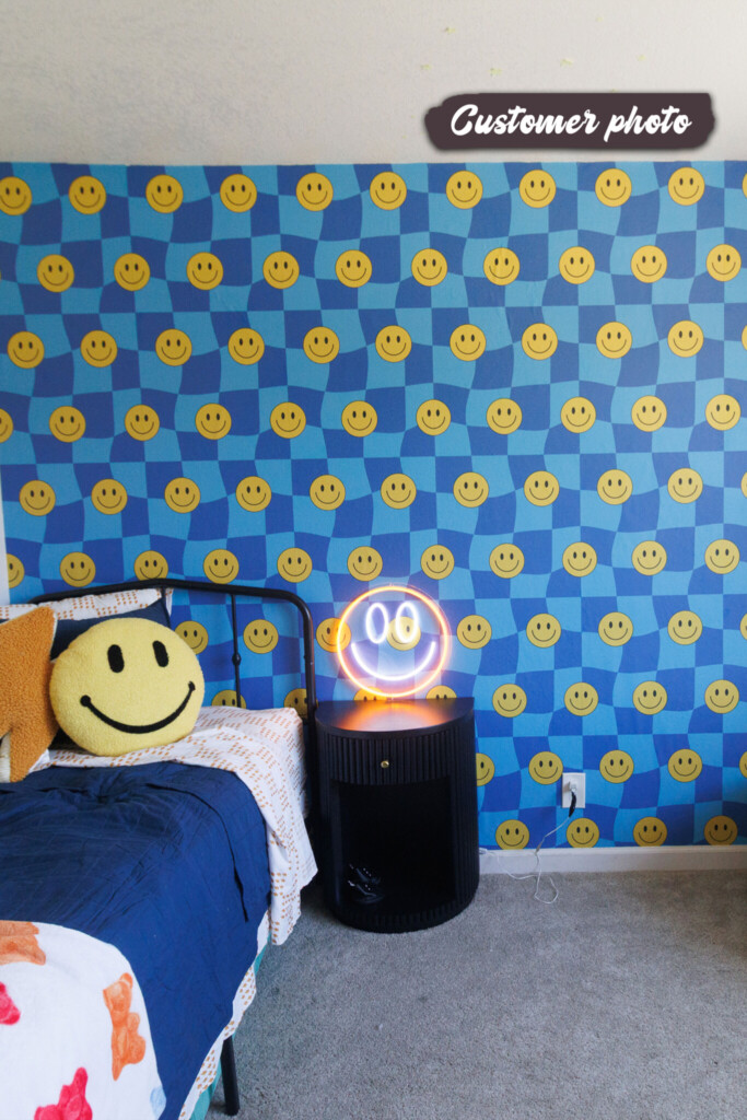 Blue funky checkered smiles Happy Vibes peel and stick or non-pasted wallpaper. Fancy Walls self-adhesive or traditional wallpaper for funky, happy atmosphere in bedrooms, playrooms and other spaces