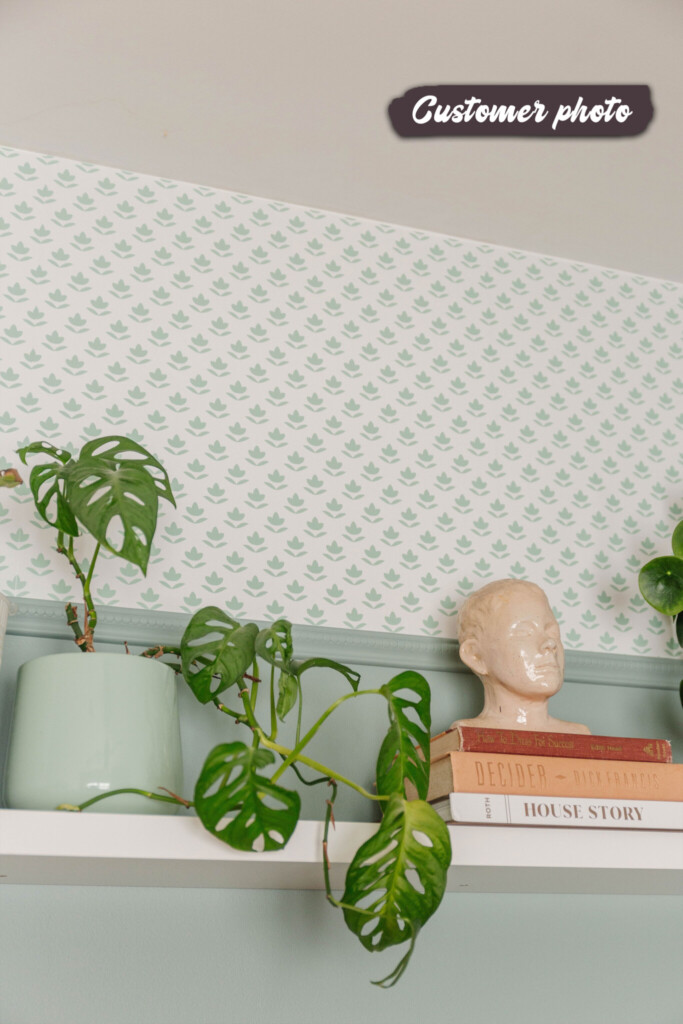 Minimalistic plants peel and stick or non-pasted wallpaper. Fancy Walls self-adhesive or traditional neutral diamond pattern plant wallpaper for calmy spaces