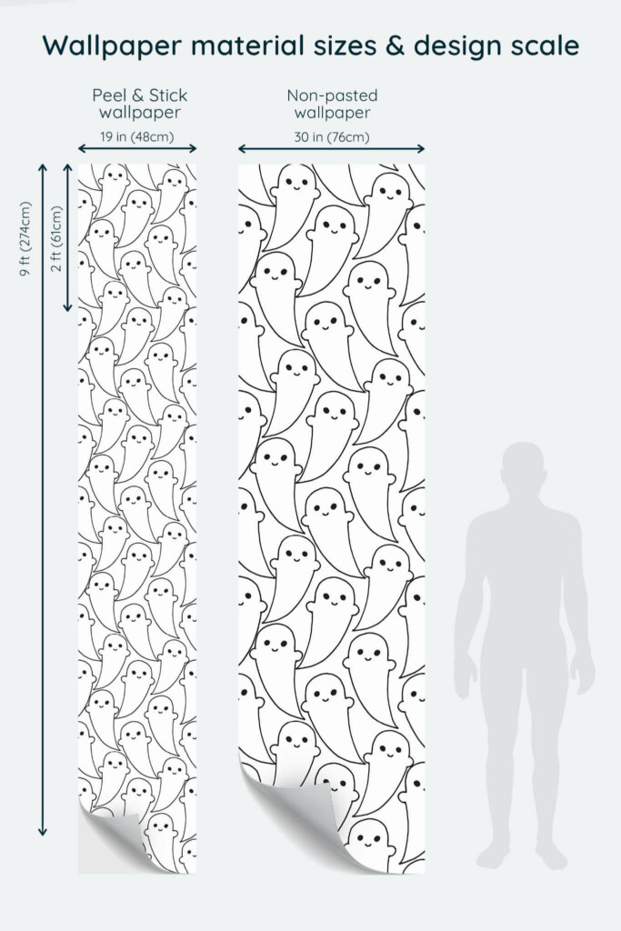 Size comparison of Cute Aesthetic Ghost Peel & Stick and Non-pasted wallpapers with design scale relative to human figure