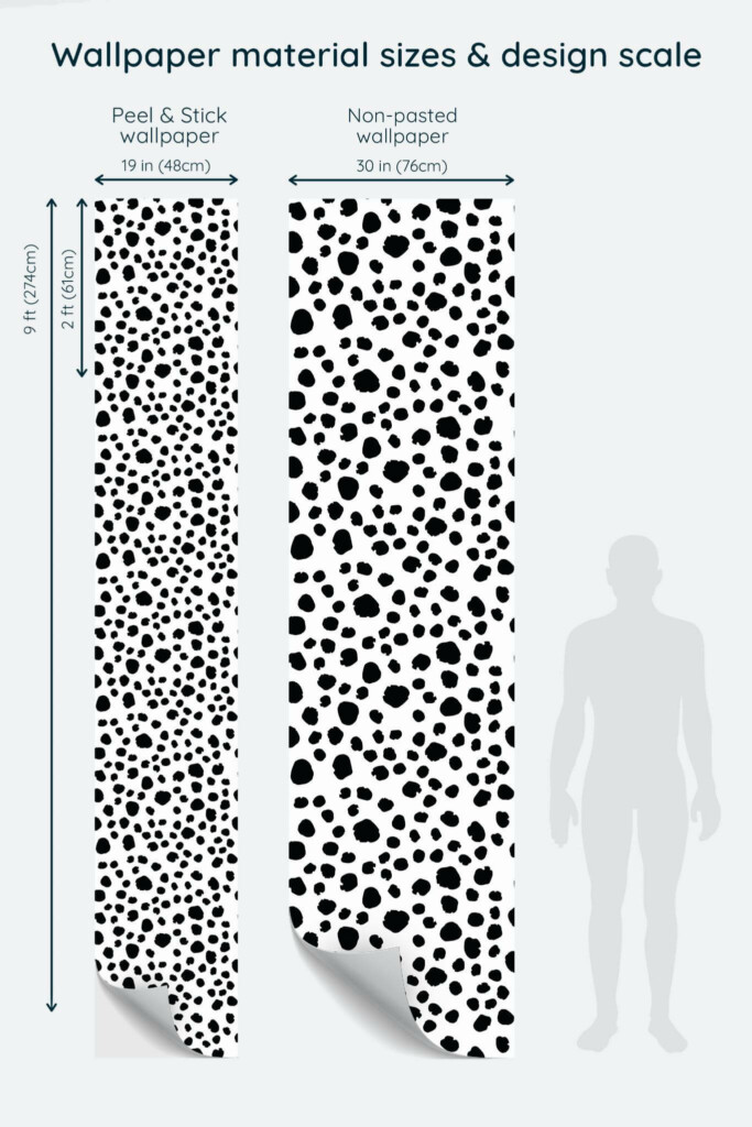 Size comparison of Cute animal print Peel & Stick and Non-pasted wallpapers with design scale relative to human figure