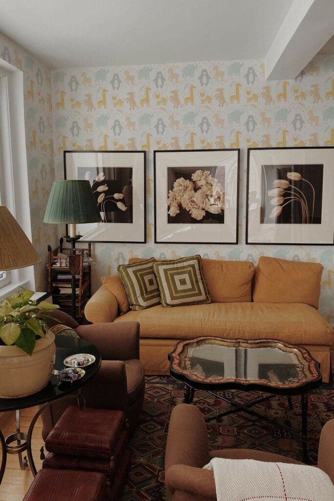 Mid-century eclectic style living room decorated with Cute animals peel and stick wallpaper