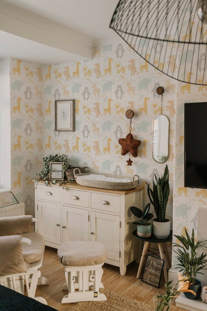 Neutral style nursery decorated with Cute animals peel and stick wallpaper