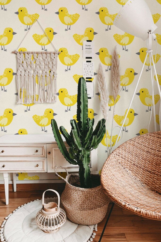 Bohemian style living room decorated with Cute birdie peel and stick wallpaper