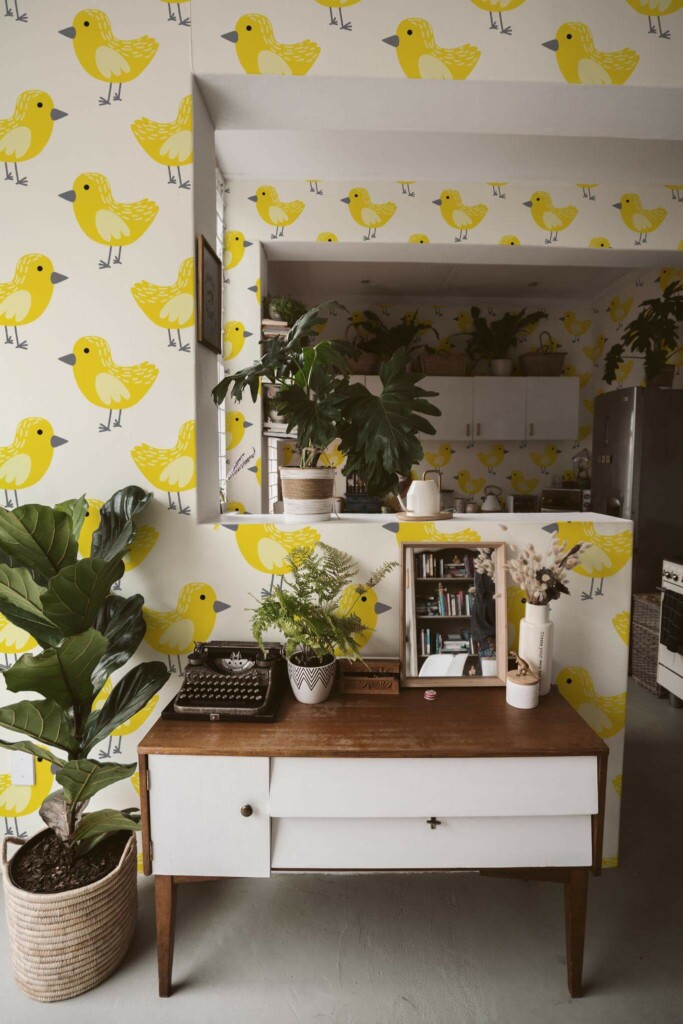 Boho style living room and kitchen decorated with Cute birdie peel and stick wallpaper and green plants