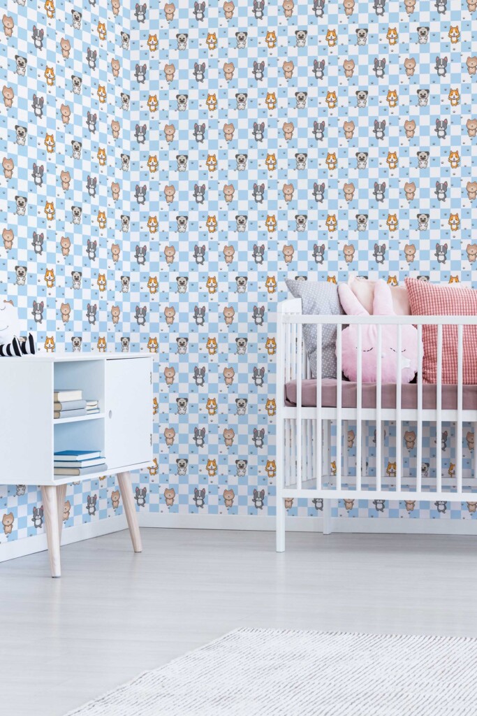 Fancy Walls Blue Animal peel and stick wallpaper for nursery walls.