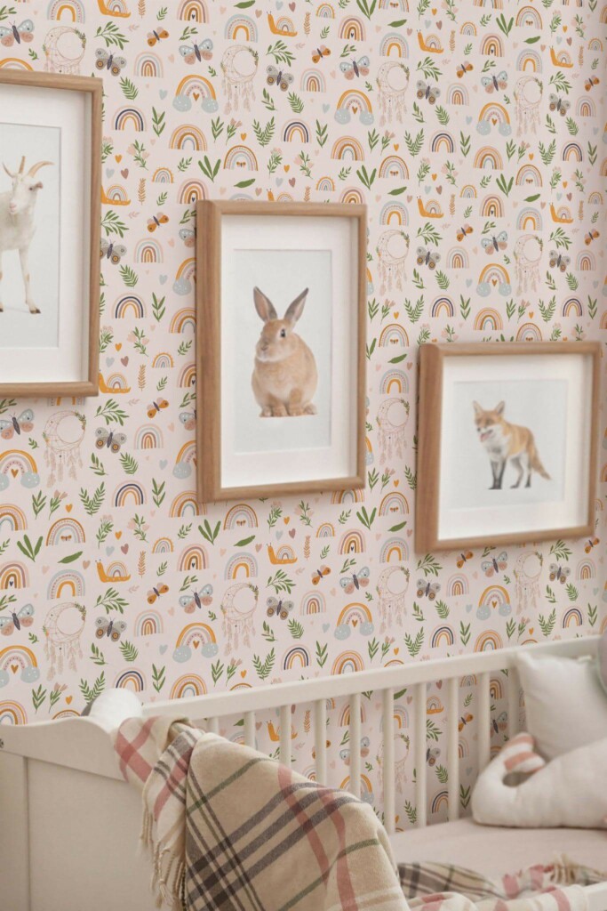 Neutral Scandinavian style nursery decorated with Cute Boho nursery peel and stick wallpaper