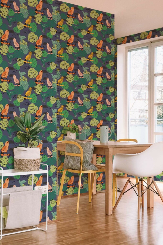 Minimal scandinavian style dining room decorated with Cute bold tropical peel and stick wallpaper