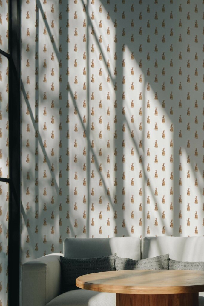Scandinavian style living room decorated with Cute Bunny peel and stick wallpaper