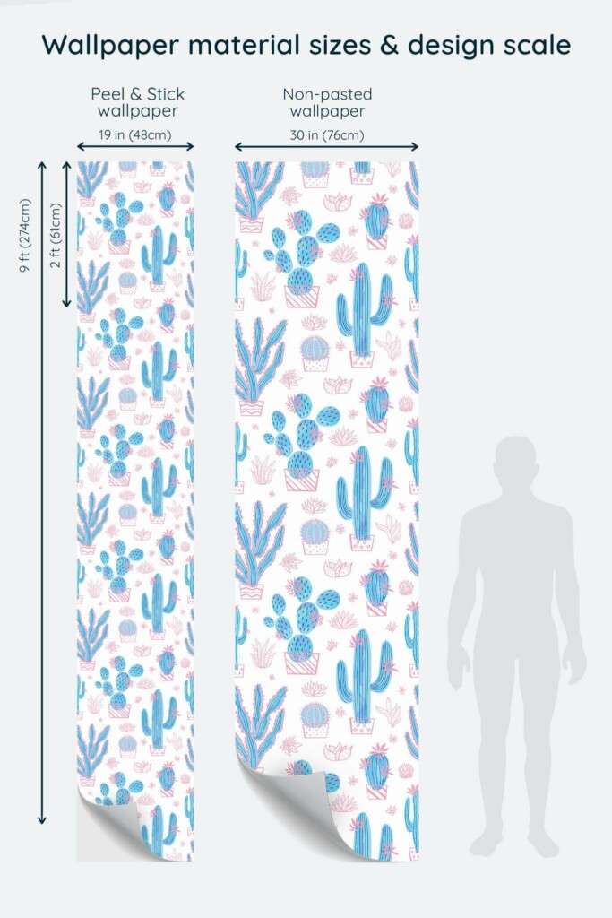 Size comparison of Cute cactus Peel & Stick and Non-pasted wallpapers with design scale relative to human figure