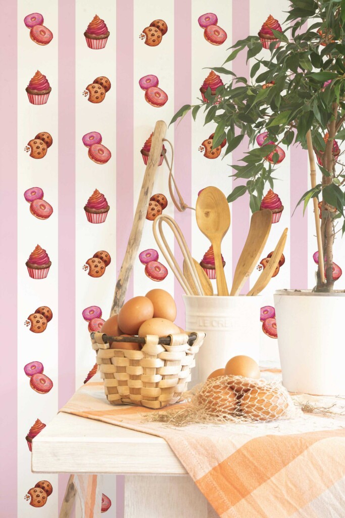 Fancy Walls peel and stick wallpaper with pink cake design