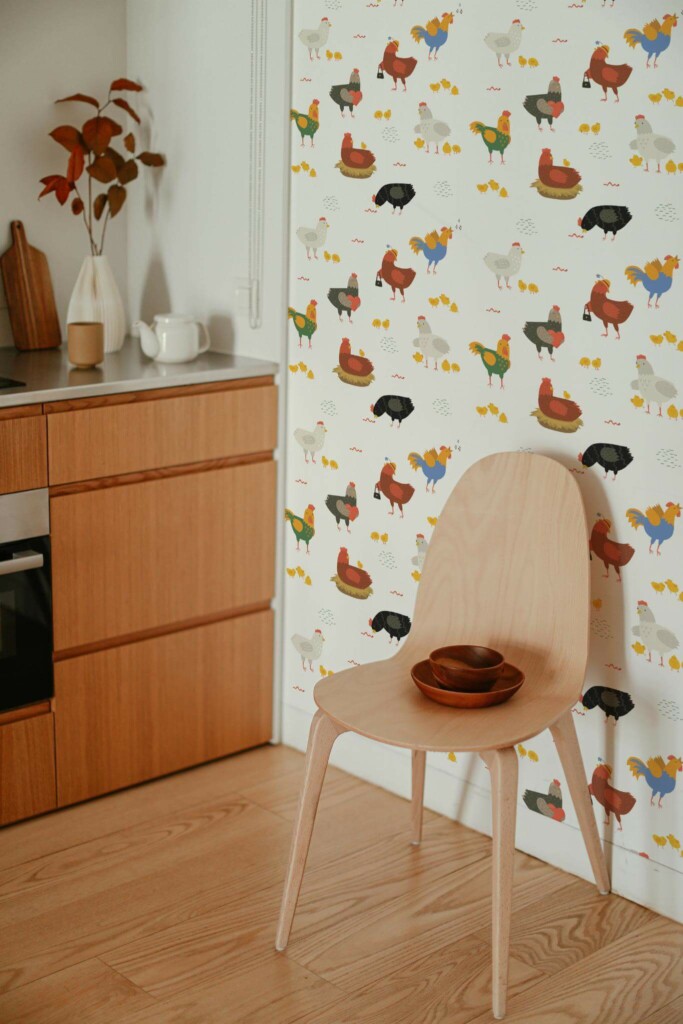 Boho style kitchen decorated with Cute chicken peel and stick wallpaper