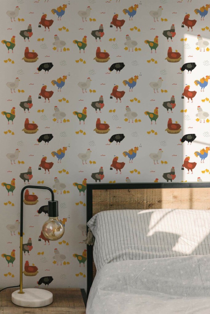 Minimal modern style bedroom decorated with Cute chicken peel and stick wallpaper