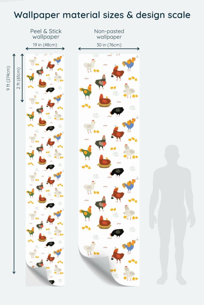 Size comparison of Cute chicken Peel & Stick and Non-pasted wallpapers with design scale relative to human figure