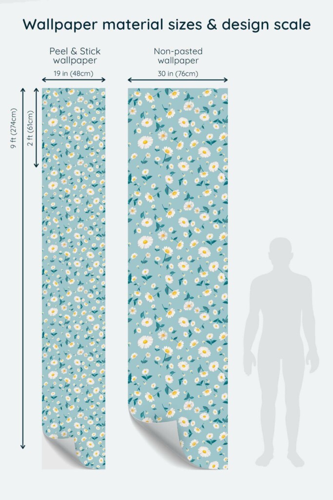 Size comparison of Cute daisy in blue and white Peel & Stick and Non-pasted wallpapers with design scale relative to human figure