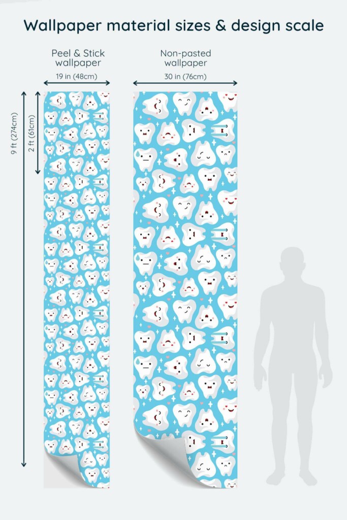 Size comparison of Cute Dentist Salon Peel & Stick and Non-pasted wallpapers with design scale relative to human figure
