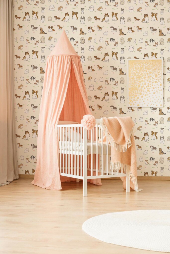 Neutral style nursery decorated with Cute dog peel and stick wallpaper