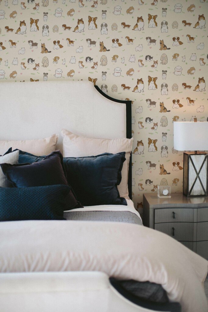 Shabby chic style bedroom decorated with Cute dog peel and stick wallpaper