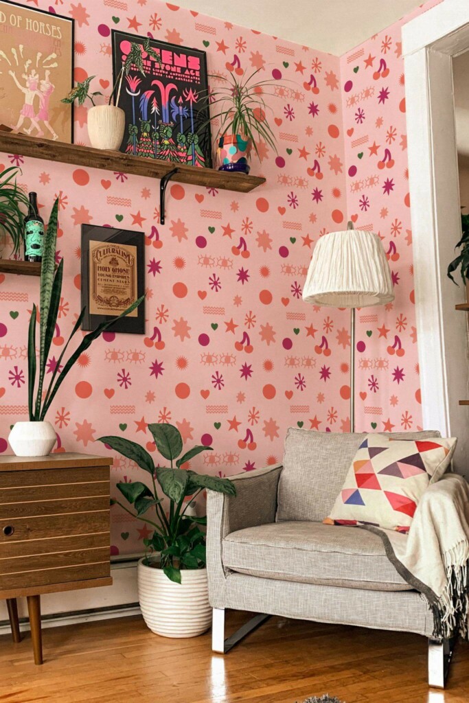 Eclectic style living room decorated with Cute doodle peel and stick wallpaper