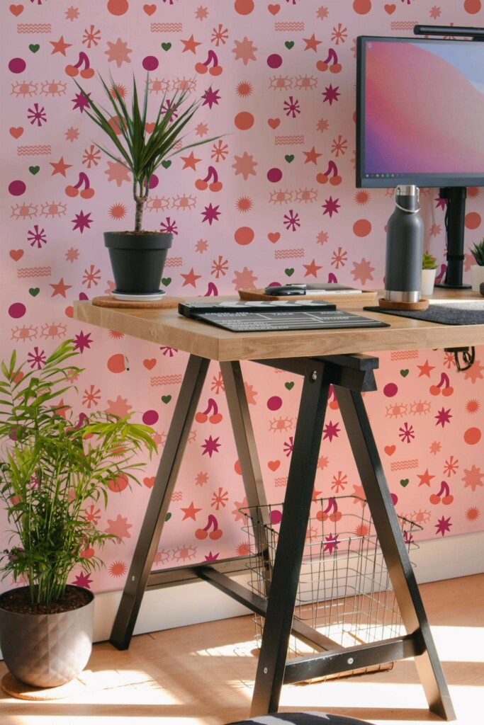 Scandinavian style home office decorated with Cute doodle peel and stick wallpaper