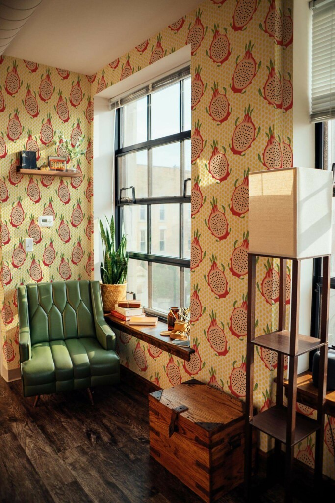 Mid-century style living room decorated with Cute dragon fruit peel and stick wallpaper