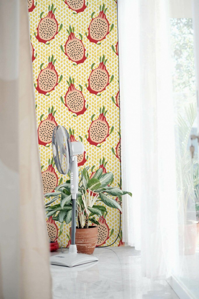 Minimal style living room decorated with Cute dragon fruit peel and stick wallpaper
