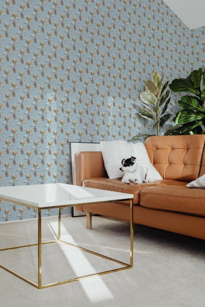 Mid-century modern style living room with dog on a sofa decorated with Cute elephant peel and stick wallpaper