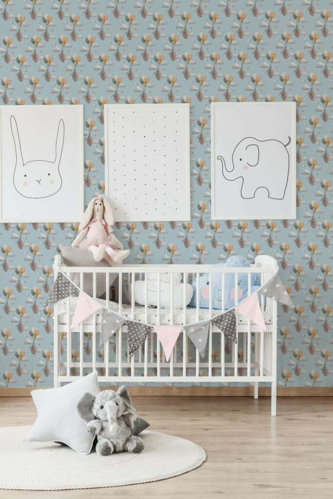 Minimal style nursery decorated with Cute elephant peel and stick wallpaper