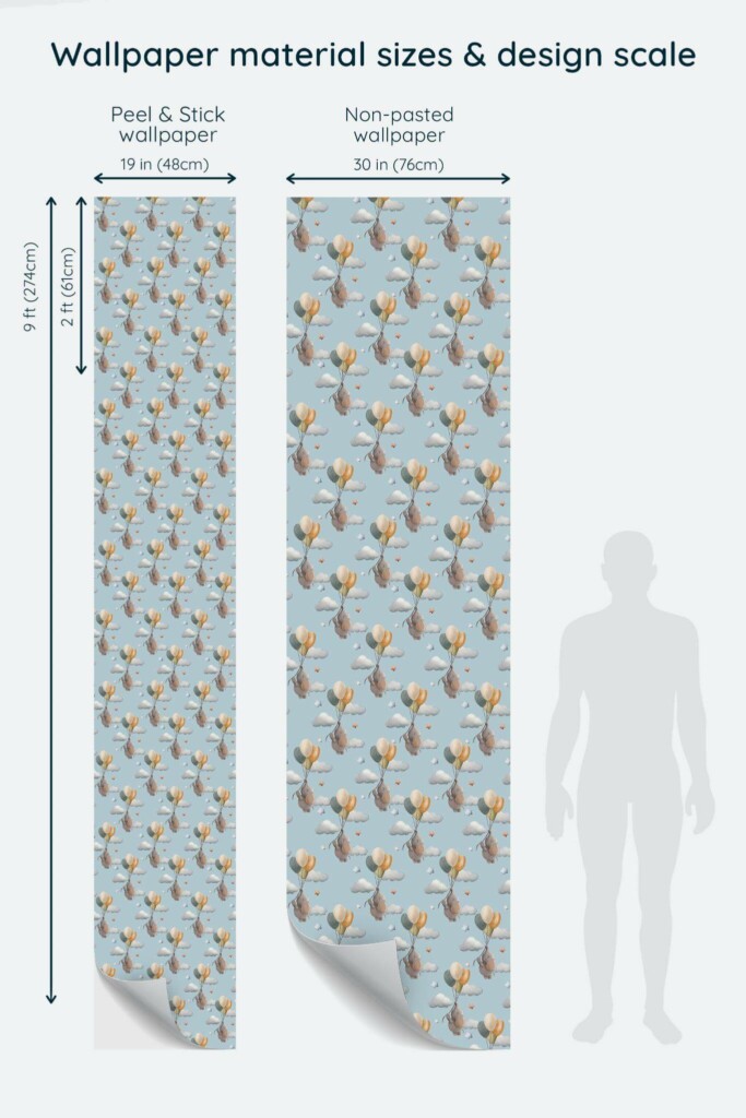 Size comparison of Cute elephant Peel & Stick and Non-pasted wallpapers with design scale relative to human figure