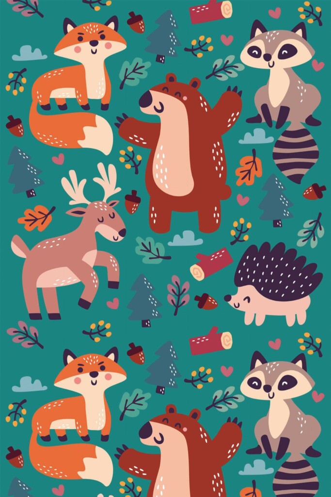 Pattern repeat of Cute forest animals removable wallpaper design