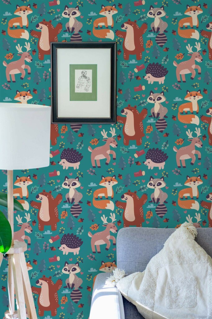 Eastern European style living room decorated with Cute forest animals peel and stick wallpaper